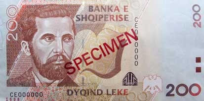 Obverse of banknote 200 Albanian Lek
