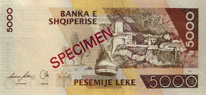Reverse of banknote 5000 Albanian Lek