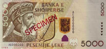 Obverse of banknote 5000 Albanian Lek