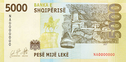 Reverse of banknote 5000 Albanian Lek