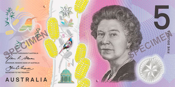 Obverse of new banknote 5 Australian dollar