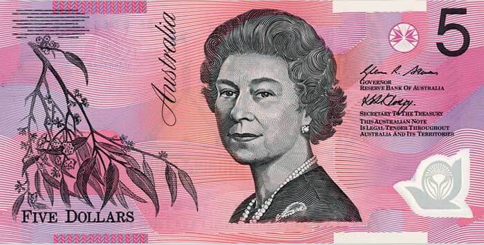 Obverse of banknote 5 Australian dollar