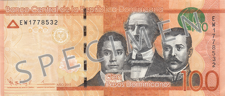 Obverse of banknote 100 Dominican peso