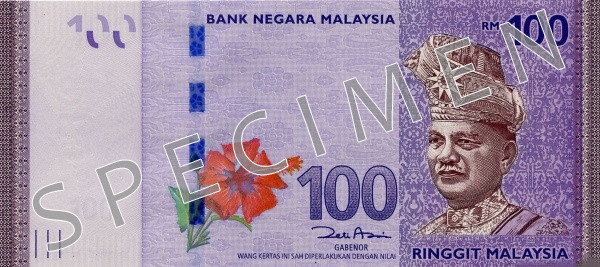 Obverse of banknote 100 Malaysian ringgit