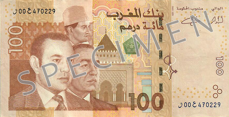 Obverse of banknote 100 Moroccan dirham