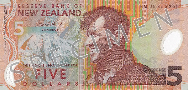 Obverse of old series banknote 5 New Zealand dollar