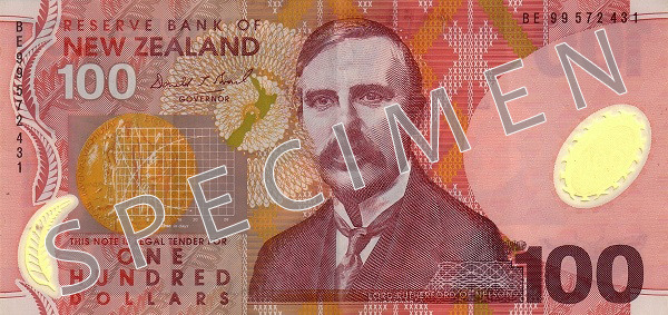 Obverse of old series banknote 100 New Zealand dollar