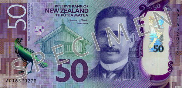 Obverse of new series banknote 50 New Zealand dollar