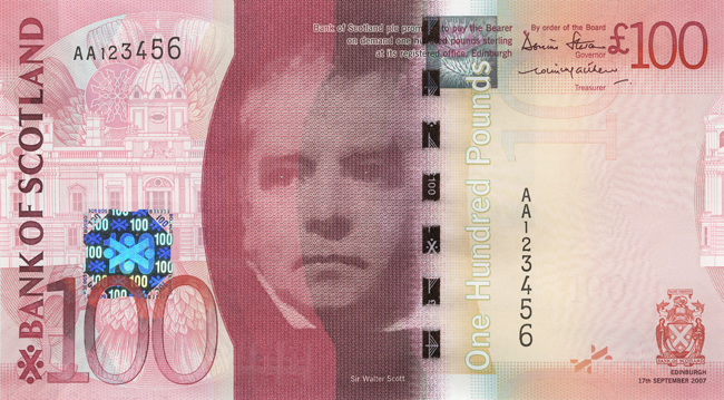 Obverse of banknote 100 Scottish pound - paper note of 2007