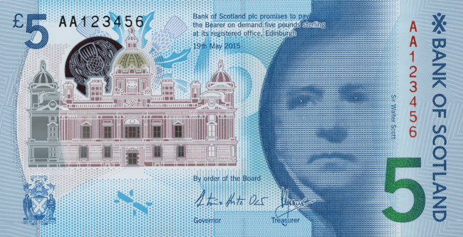 Obverse of banknote 5 Scottish pound