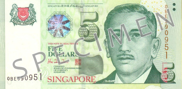 Obverse of banknote 5 Singapore dollar