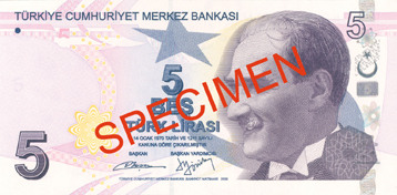 Obverse of new series banknote 5 Turkish lira