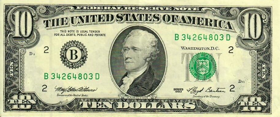 Лице на стара серия банкнота от 10 щатски долара