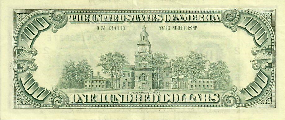 Reverse of old series banknote 100 US dollar