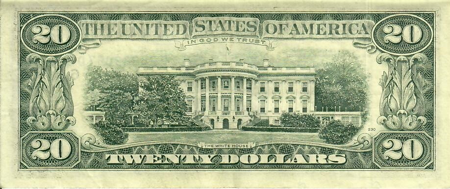 Reverse of old series banknote 20 US dollar