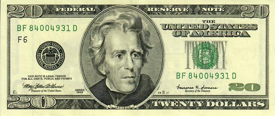 Obverse of old series banknote 20 US dollar