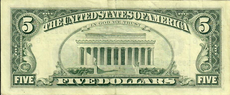 Reverse of old series banknote 5 US dollar