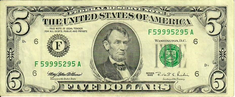Obverse of old series banknote 5 US dollar