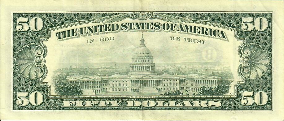 Гръб на стара серия банкнота от 50 щатски долара