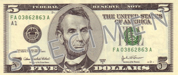 Obverse of old series banknote 5 US dollar