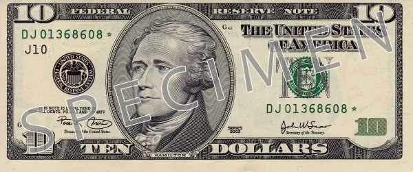 Obverse of old series banknote 10 US dollar