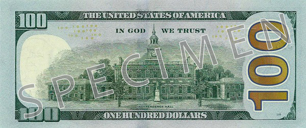 Reverse of new series banknote 100 US dollar