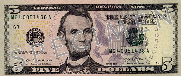 Лице на нова серия банкнота от 5 щатски долара